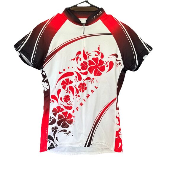 PRIMAL Cycling Biking Jersey Women Large White Red Floral Bicycle Fitted - Picture 1 of 10